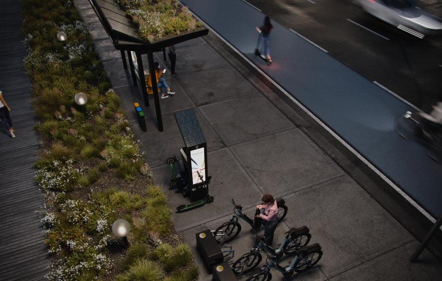 High angle view of a sustainable city at night, residents traveling with electric vehicles or public transport. All objects in the scene are 3D